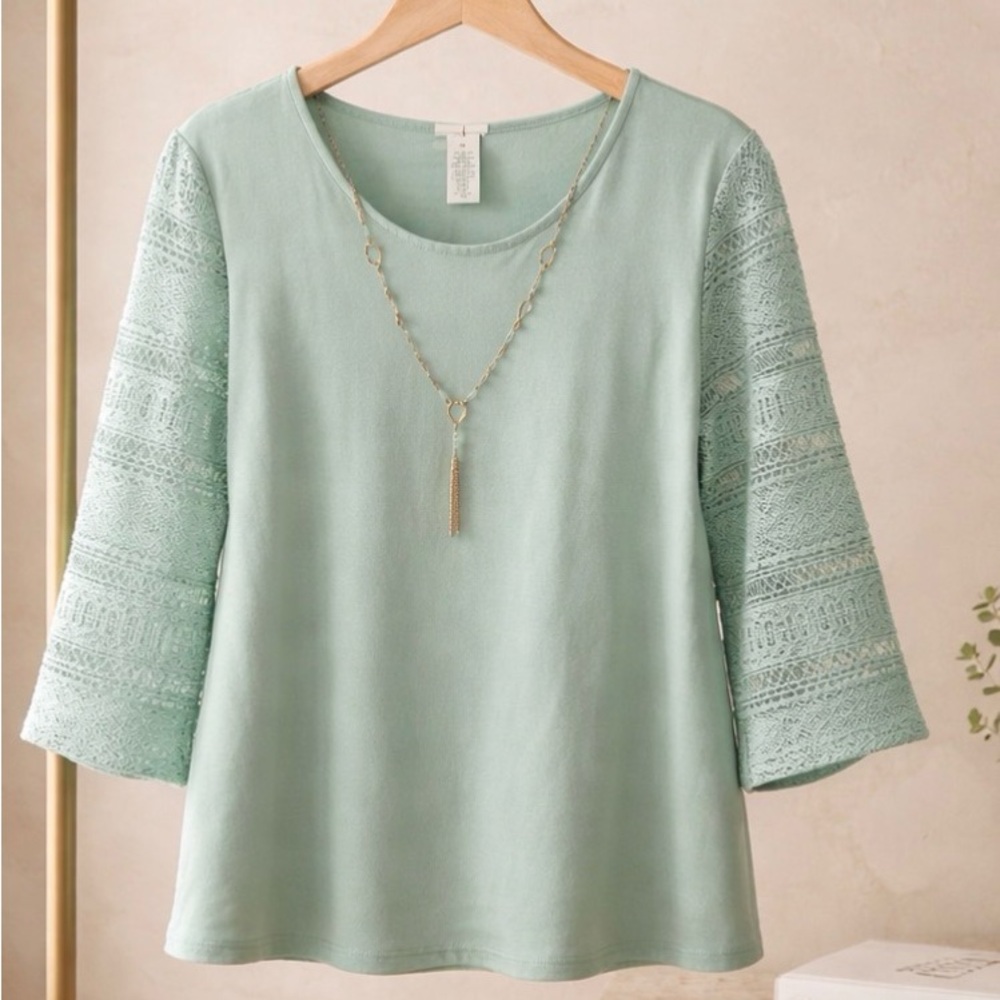 Alfred Dunner Light Green Lace Sleeve Blouse